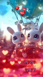 two bunny rabbits are sitting in a hot air balloon with hearts hanging from it