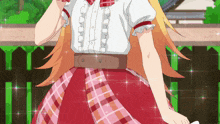 a girl with long blonde hair is wearing a plaid skirt and a white shirt