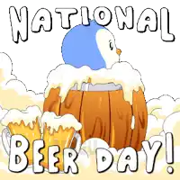 a poster for national beer day with a penguin sitting on top of a barrel of beer