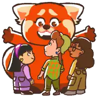 three children are standing in front of a cartoon red panda