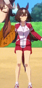 a cartoon girl is standing on a field with her arms outstretched .