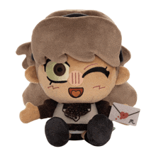 a stuffed animal holding an envelope with a m on it