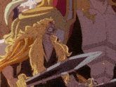 a cartoon drawing of a man with long blonde hair holding two swords