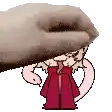 a hand is holding a cartoon character in a red dress and tie .