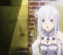 an anime girl with white hair and purple eyes stands in front of a brick wall