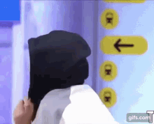a person wearing a black hood is standing in front of a wall with arrows pointing to the left and right
