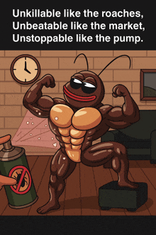 a cartoon of a cockroach flexing his muscles in front of a clock and a spray can