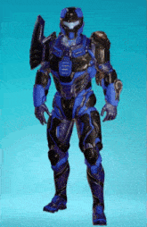 a blue and black armored figure with a shield and a gun