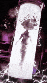 a purple and white cylinder with a naked figure inside of it