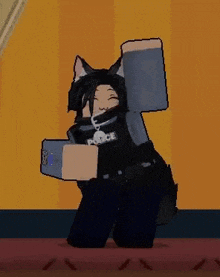 a cartoon character is dancing in a room while wearing a cat costume .
