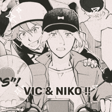 a black and white drawing of a man with the words vic & niko