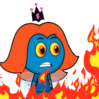 a blue cartoon character with red hair and a crown with the letter f on top