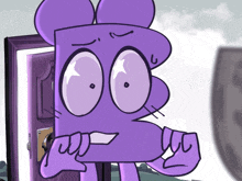 a purple cartoon character with a surprised look on his face is standing in front of a door