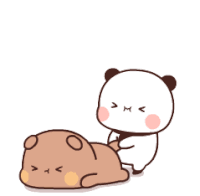 a cartoon bear is laying on the ground while another bear is running towards it .