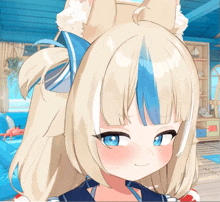 a close up of a blonde anime girl with blue eyes and ears