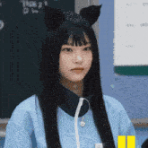 a girl wearing a cat ear wig and a name tag that says ' a ' on it
