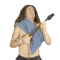 a shirtless man holding a guitar with a blue towel around his neck