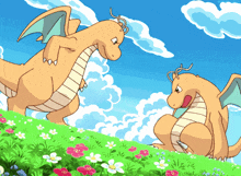 two dragons are standing in a field of flowers with a blue sky behind them