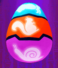 a colorful easter egg with a squirrel and snail on it