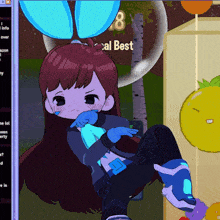 a cartoon girl sitting in front of a box that says cal best