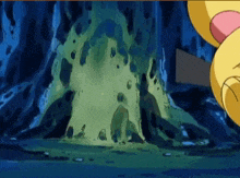 a cartoon character is standing in a cave with a green glowing object in the background .
