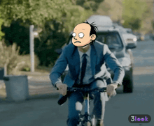 a man in a suit and tie is riding a bike on a street with a 3look logo on the bottom