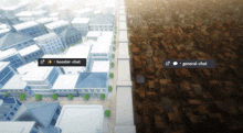an aerial view of a city with booster chat and general chat