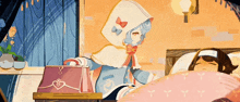 a girl in a white cape is standing next to a girl in a bed with a thermometer on her forehead