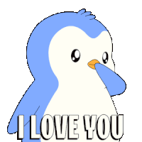 a blue and white penguin says i love you with a red heart in the background