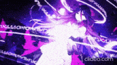 a girl in a white dress is surrounded by purple writing and a purple background with clideo.com