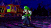 a video game character named luigi is standing in front of a red train