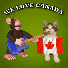 a monkey playing a guitar and a cat holding a canadian flag says we love canada