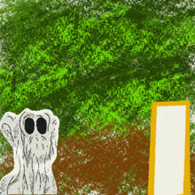a drawing of a ghost with black eyes standing next to a door