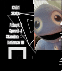 a picture of a stuffed animal with the words child stats attack 1 speed 1 stamina defense 10 on the bottom