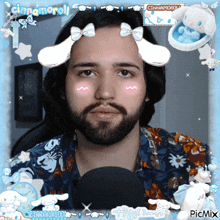 a man with a beard has a cinnamon roll sticker on his head