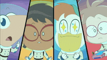 four cartoon characters are standing next to each other and one of them has a diamond in his eye