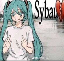a drawing of a girl giving the middle finger with sybau written in black