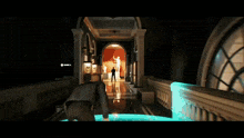 a man in a video game is running through a hallway with a sign that says ' escape ' on it