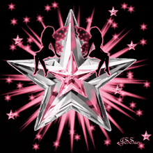 a pink and silver star with two women sitting on top of it