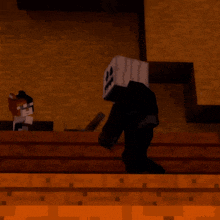 a minecraft character with a pumpkin head is standing on a staircase