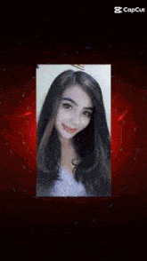 a woman 's face is displayed on a red background with a capcut logo