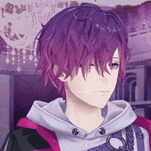 a boy with purple hair is wearing a hoodie and a backpack