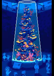 a pixel art of a fish tank with a christmas tree in it