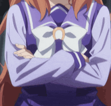 a girl in a purple uniform with a white bow on her chest