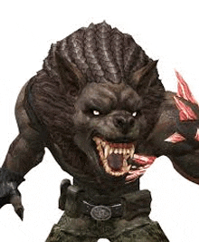 a werewolf with sharp claws is standing on a white background and looking at the camera with its mouth open .