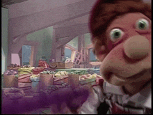 a cartoon character with a big nose and green eyes
