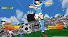 a soccer player is kicking a soccer ball in a game