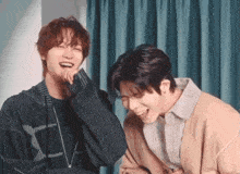 two young men are laughing together in a room .