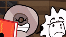 a cartoon character holding a book that says ' i 'm sorry ' on the cover