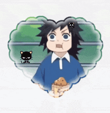 a boy with a black cat on his head is holding a bag of food in a heart shaped frame